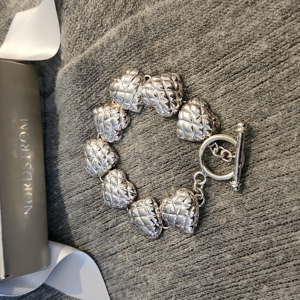 New Sterling Silver Quilted Heart Toggle Bracelet 7 1/4"